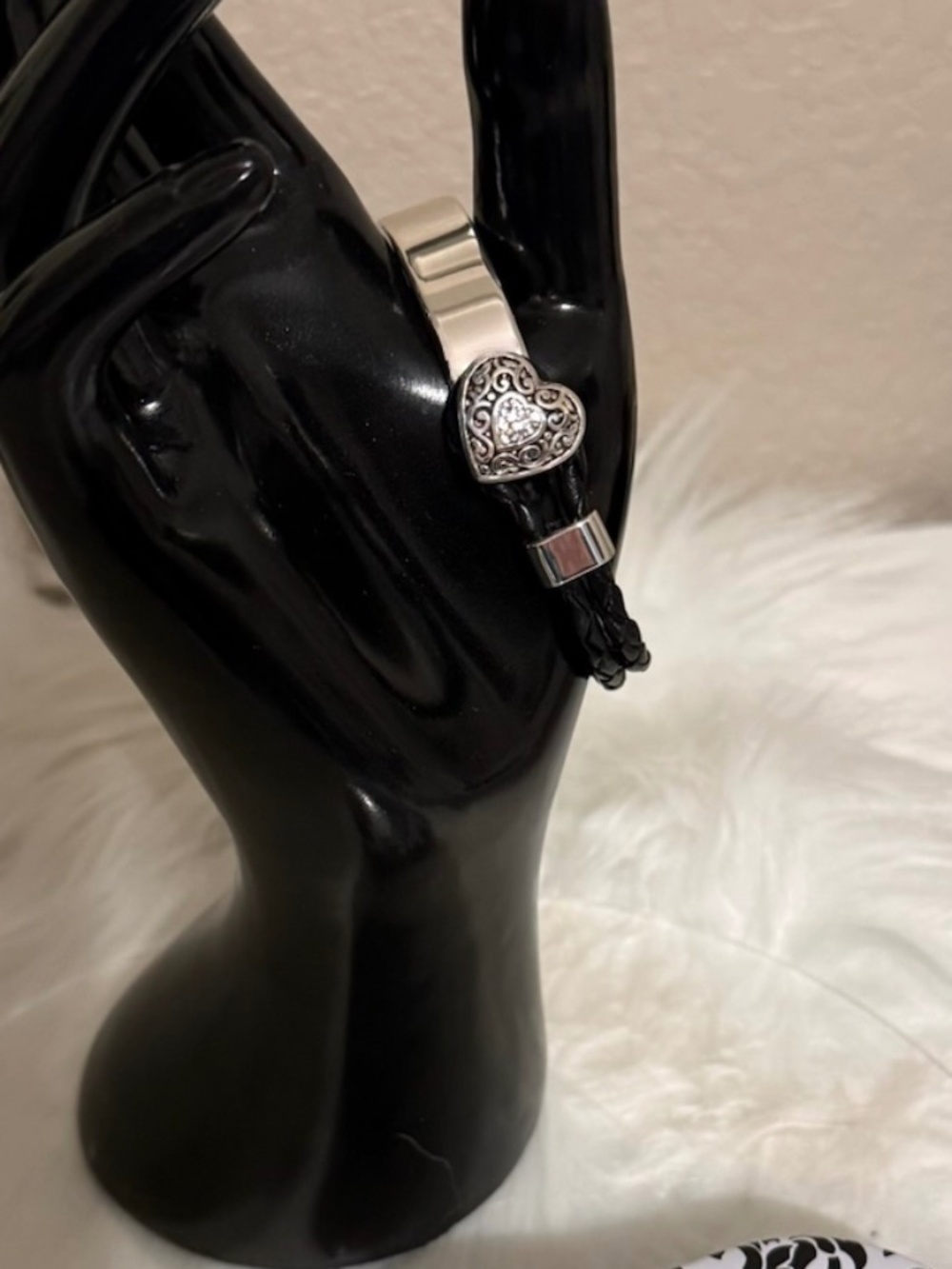Brighton Boho Demi Lune silver black Braided rope leather heart bracelet NWT